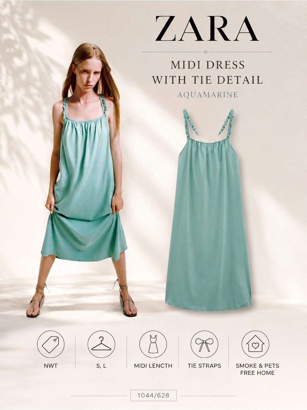 Zara Aquamarine Midi Dress With Tie Detail Size S NWT Minimal Summer Dress